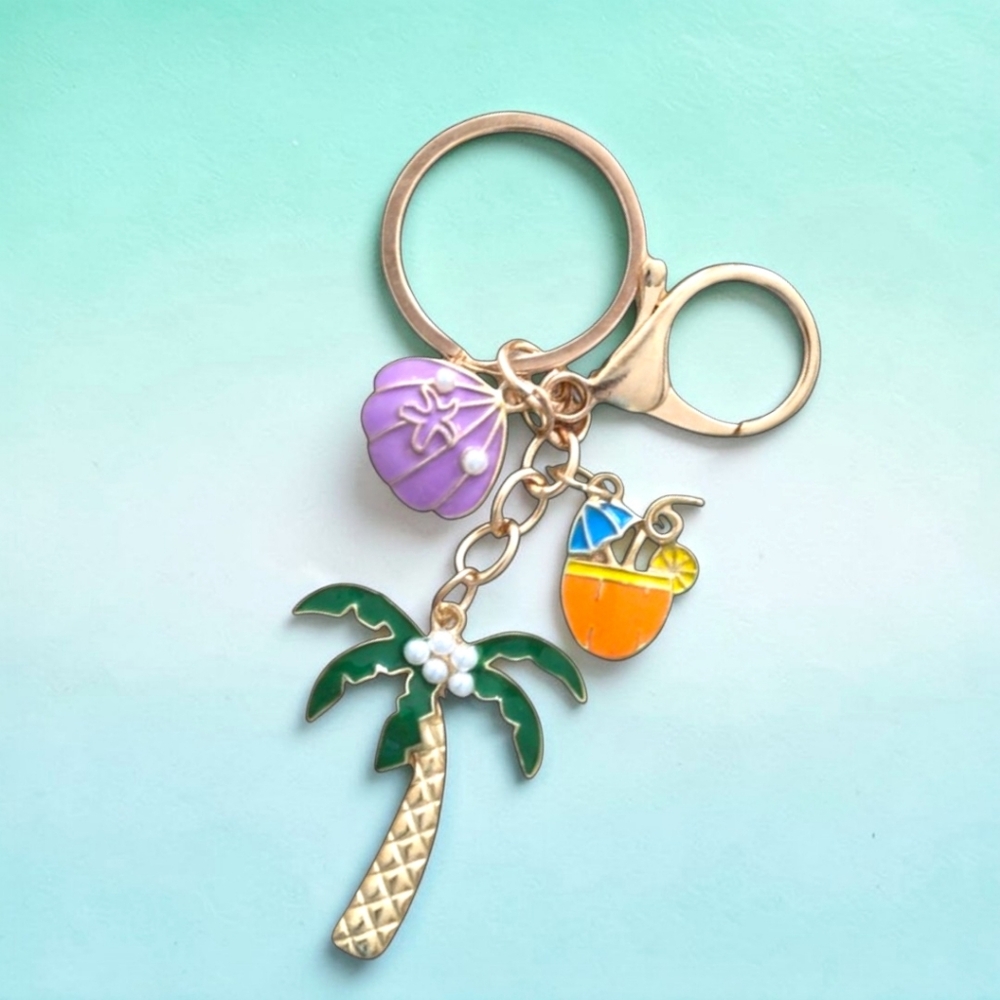 Tropical Bag Charm / Keychain with Palm Tree, Shell & Drink